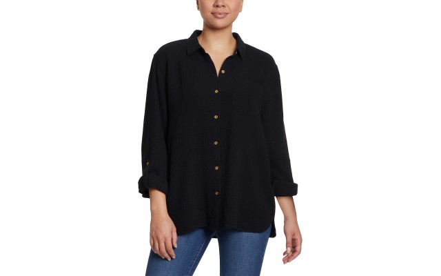  Ladies' Gauze Button Up Top, Black, Small