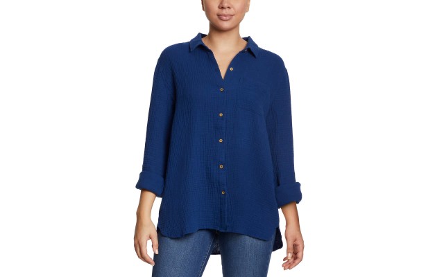 Ladies' Gauze Button Up Top, Blue, X-Small