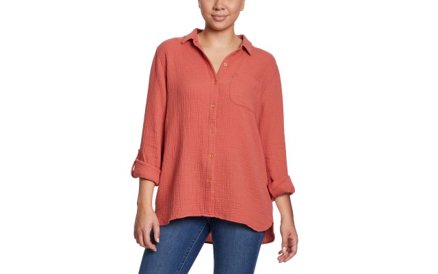  Ladies' Gauze Button Up Top, Pink, Large