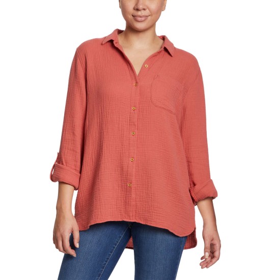  Ladies' Gauze Button Up Top, Pink, Medium