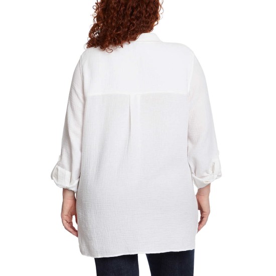  Ladies' Gauze Button Up Top, White, Small