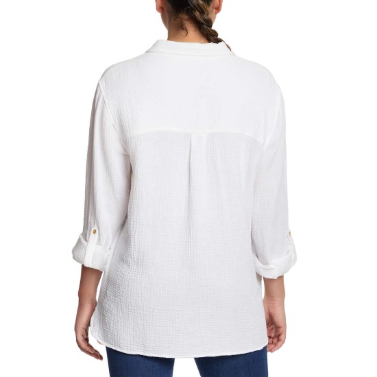  Ladies' Gauze Button Up Top, White, Small