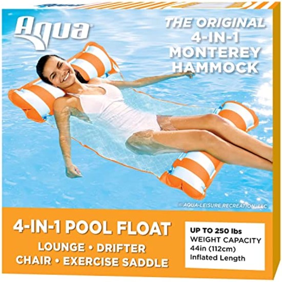  Aqua Original 4-in-1 Monterey Hammock Pool Float & Water Hammock – Multi-Purpose, Inflatable Pool Floats for Adults – Patented Thick, Non-Stick PVC Material – Navy, Orange – Hammock, Pool Float