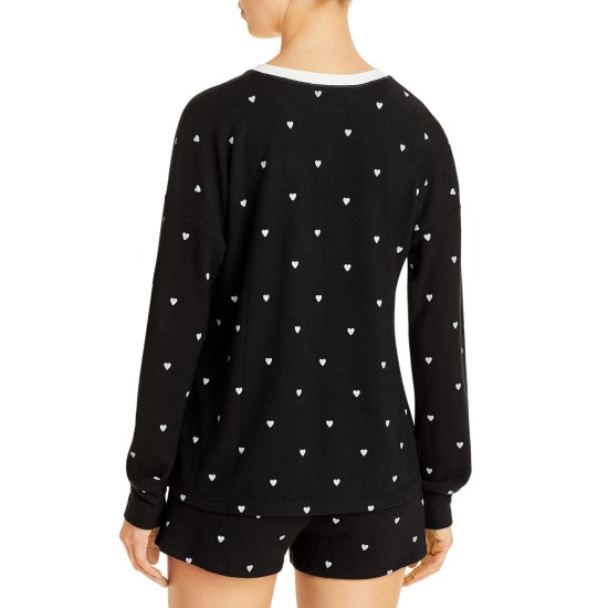  Womens Lounge Hearts Print Long Sleeve Top & Shorts 2-Piece Pajama Set, Black, X-Large