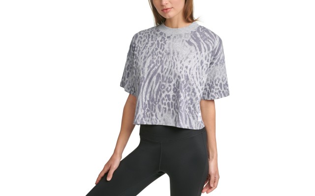  Performance Cropped Animal-Print T-Shirt, Pearl Grey Heather, M