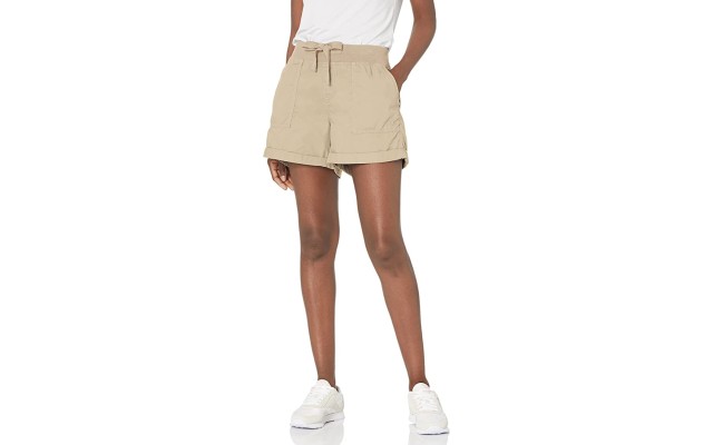  Performance Women’s Rolled Hem Rib Waistband Shorts 4 1/2” Inseam, Beige, X-Large