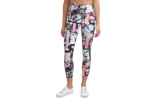  Women’s Tropical Print High-Waist 7/8 Leggings, Light Red, Small