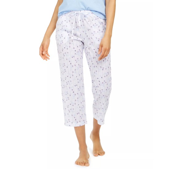  Cotton Printed Cropped Pajama Pants, White, 2X-Large