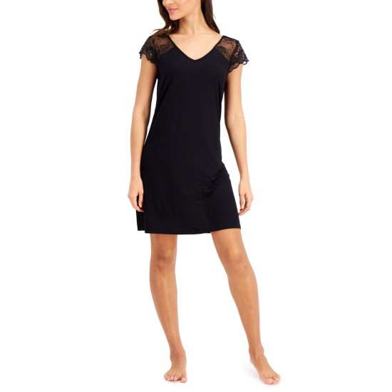  Lace-Sleeve Chemise Nightgown, X-Large, Black