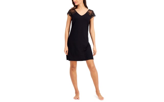  Lace-Sleeve Chemise Nightgown, X-Large, Black