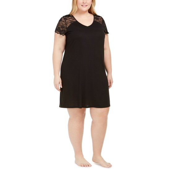 Charter Club Plus Size Lace Flutter Sleeve Classic Nightgown Black 3x