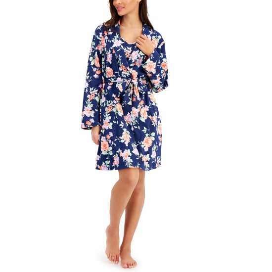 Charter Club Printed Cotton Wrap Robe Blossoms- Blue