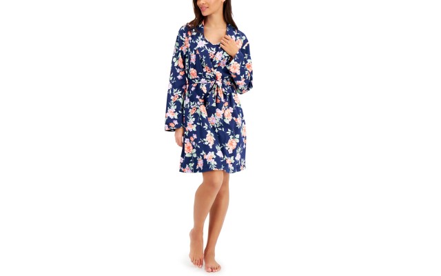 Charter Club Printed Cotton Wrap Robe Blossoms- Blue