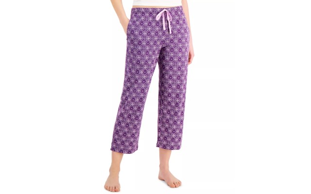  Printed Knit Cotton Cropped Pajama Pants, Purple, X-Large