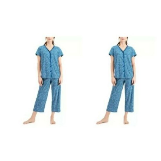  Short Sleeve Top and Cropped Pant Cotton Pajama Set, Navy, X-Small