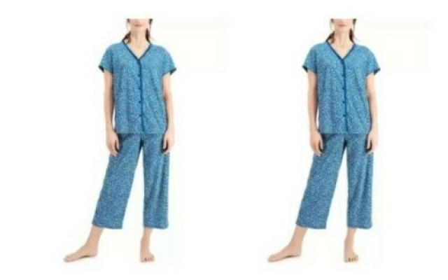  Short Sleeve Top and Cropped Pant Cotton Pajama Set, Navy, X-Small