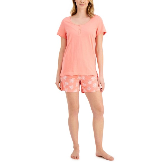  Womens Cotton Henley & Shorts Pajama Set, Orange, X-Small