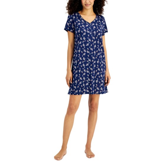  Women’s Cotton Printed Sleep Shirt Nightgown, Navy, Small