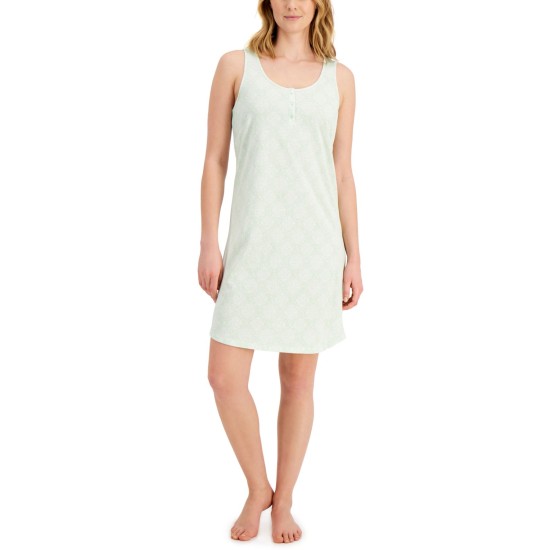  Women’s Tile Cotton Henley Tank Chemise Nightgown, Green, Medium