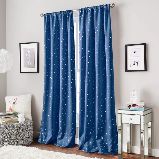  Starry Night Room Darkening Rod Pocket Window Curtain Single Panel, Navy, 40 X 63 inch