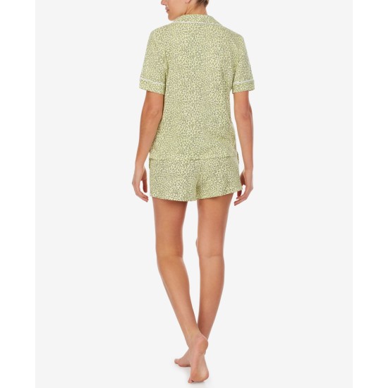  Sleepwear Printed Notched-Collar Top & Shorts Pajama Set, Green, Large