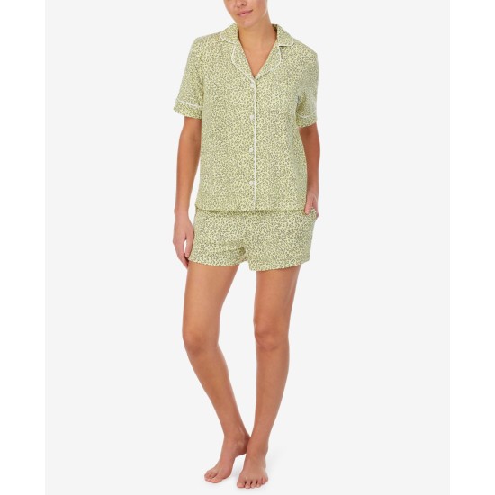  Sleepwear Printed Notched-Collar Top & Shorts Pajama Set, Green, Large