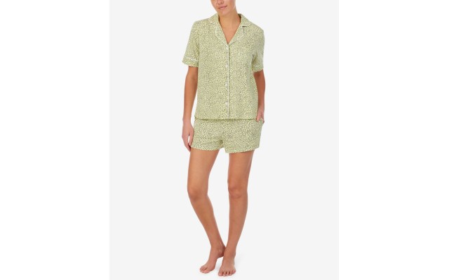  Sleepwear Printed Notched-Collar Top & Shorts Pajama Set, Green, Large