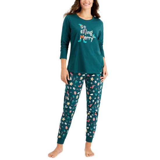  Matching Women’s So Elfing Merry Pajama Set, Green, Small