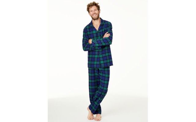  Men's Matching Black Watch Plaid Family Pajama Sets, Green, Large