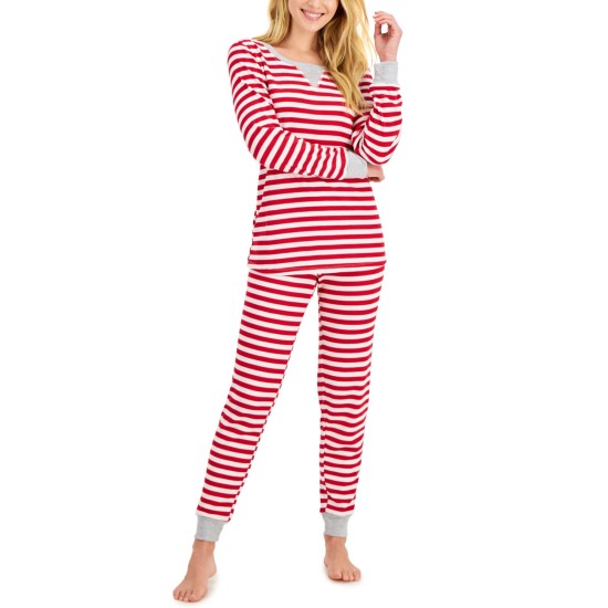  Women’s Matching Striped Waffle-Knit Pajama Set, Red/White, Medium
