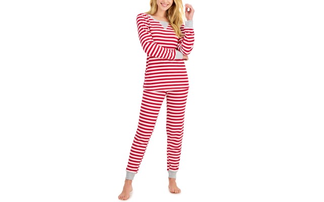  Women’s Matching Striped Waffle-Knit Pajama Set, Red/White, Medium