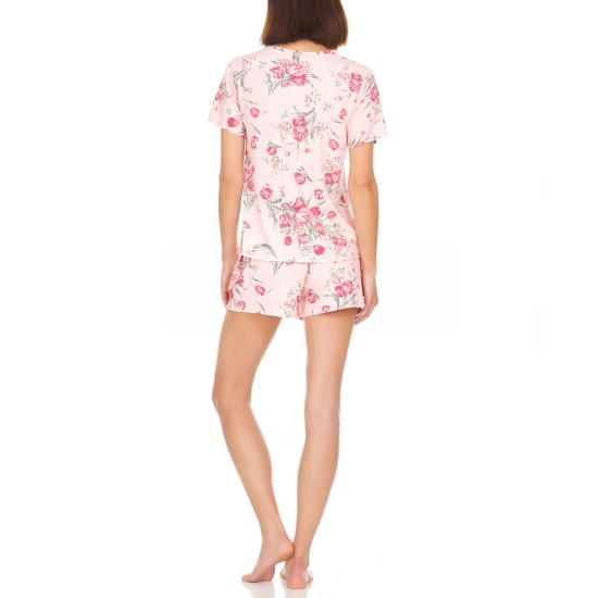  Averie Rib-Knit T-Shirt & Shorts Pajama Set, Pink, Large