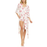 Flora by Flora Nikrooz Livia Ivory Wrap Robe, Cami & Tap Shorts Travel Pajama Set, White/Pink, Large