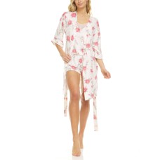 Flora by Flora Nikrooz Livia Ivory Wrap Robe, Cami & Tap Shorts Travel Pajama Set, White/Pink, Large