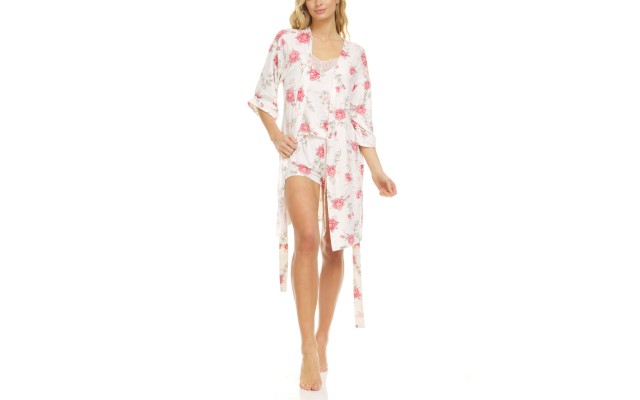  Livia Ivory Wrap Robe, Cami & Tap Shorts Travel Pajama Set, White/Pink, Large