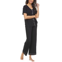 Flora Nikrooz Ladies' Button Front 2-piece PJ Set, Black, Medium