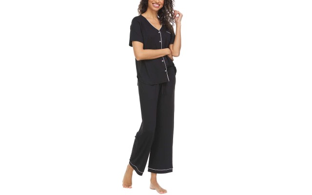  Ladies' Button Front 2-piece PJ Set, Black, X-Large