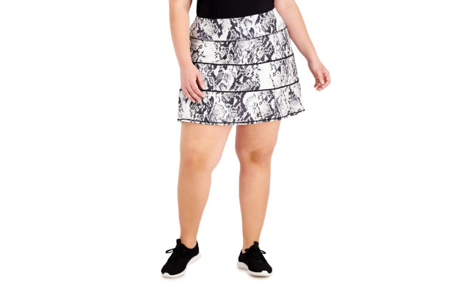  Snake-Print Tiered A-Line Skort, Snake White,3X