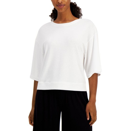  Womens Cropped Elbow-Sleeve Top, White, Large