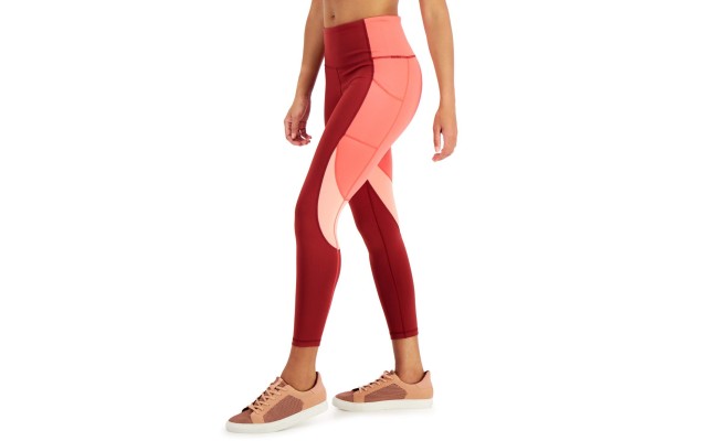  Women’s High Rise, Side Pockets Colorblock 7/8 Leggings, Red, X-Large