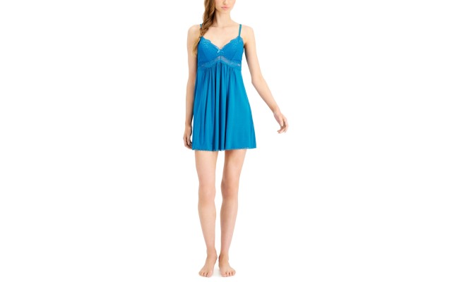  Heavenly Soft Lace-Trimmed Knit Chemise Nightgown, Blue, X-Large