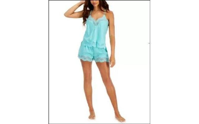  Lace-Trim Satin Cami & Shorts Sleep Set, Aqua, Large