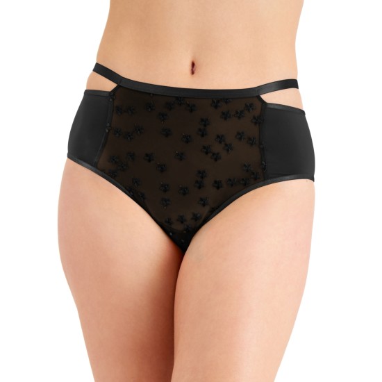  Women's Sheer Embroidered Daisy High Rise Brief Underwears, Black, Large