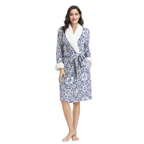  Women s Printed Plush Robe With Sherpa Collar And Cuff, Gray, X-Large