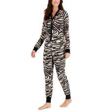 Jenni Hooded Velour One Piece Unionsuit Pajamas, Beige/Black Zebra, XX-Large