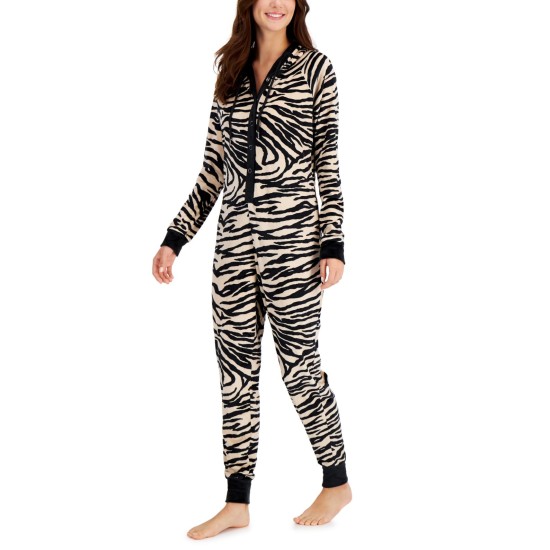  Hooded Velour One Piece Unionsuit Pajamas, Beige/Black Zebra, XX-Large