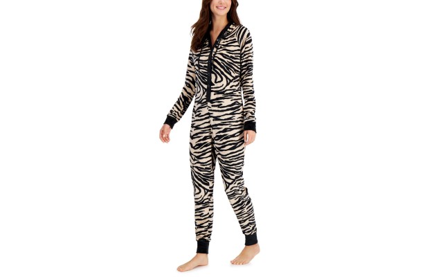  Hooded Velour One Piece Unionsuit Pajamas, Beige/Black Zebra, XX-Large