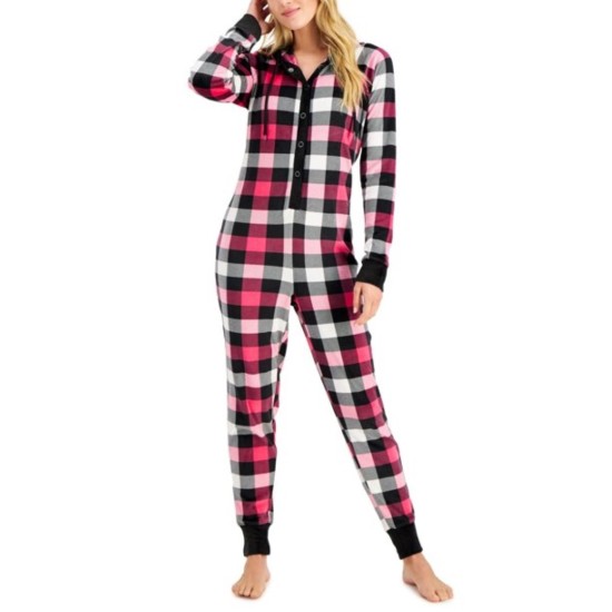  Hooded Velour One Piece Unionsuit Pajamas, Pink, Small