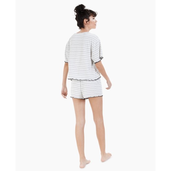  Women’s Lettuce-Edge Pajama Shorts Set, White, Medium