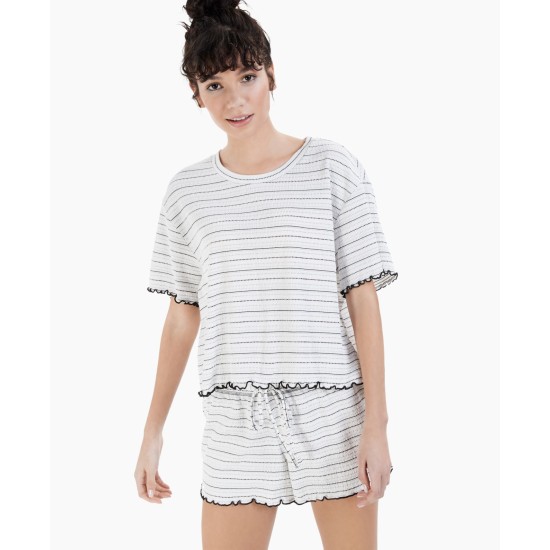  Women’s Lettuce-Edge Pajama Shorts Set, White, Medium